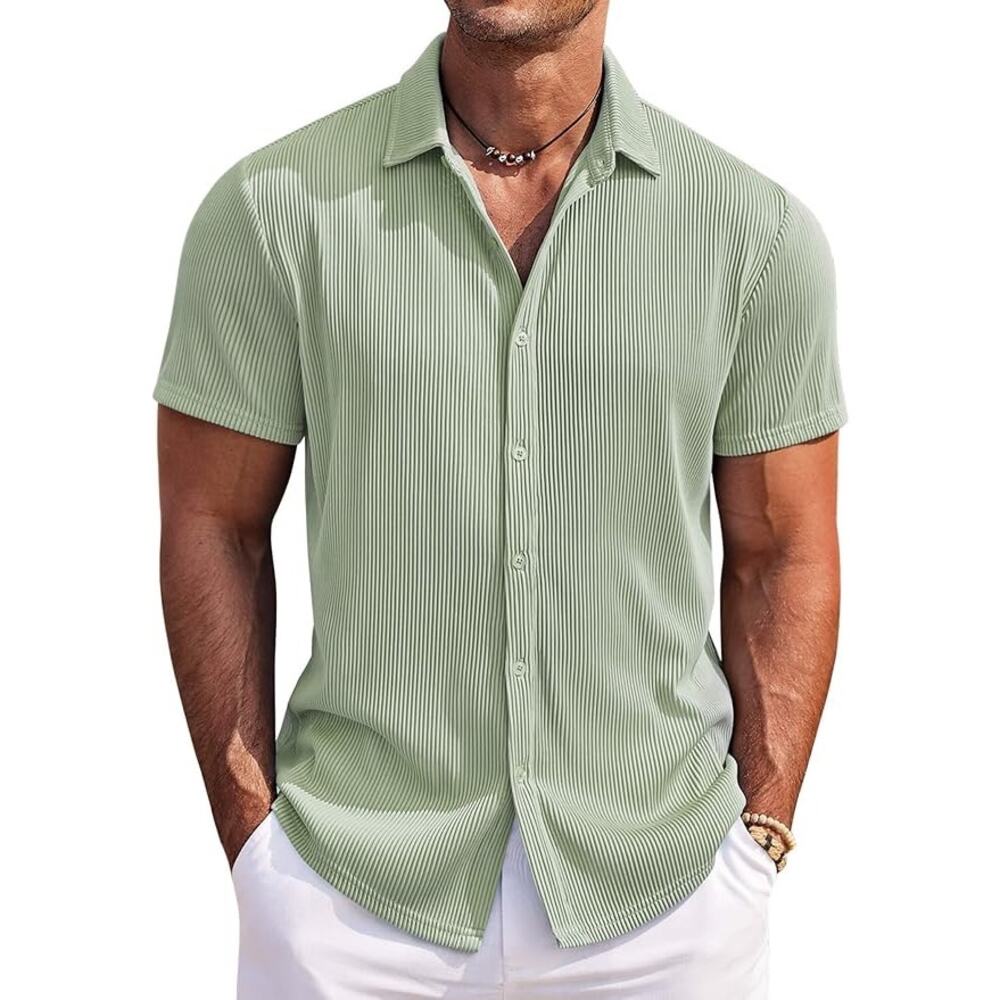 COOFANDY Sage Green Ribbed Knit Short Sleeve Button Front Resort Shirt Large